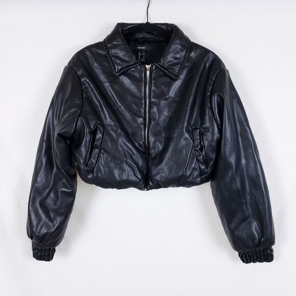Forever 21 Faux Leather Bomber Jacket Cropped Womens S Black Grunge Alt Edgy - Picture 1 of 11